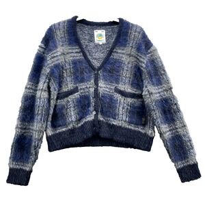 Unif Ty Cardigan Womens Small Blue Boxy Fuzzy Plaid Preppy Fall Academia Y2k 90s